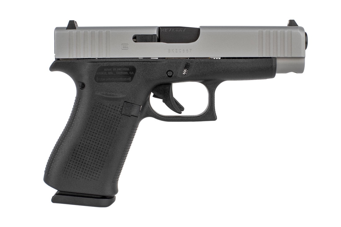 Glock 48 Blue Label 9mm pistol with a silver nDLC slide finish